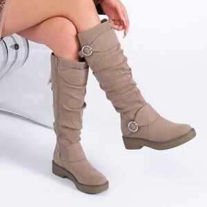 Women's Slouchy Knee High Boots Comfortable Wide Calf Platform Flat Tall Boot